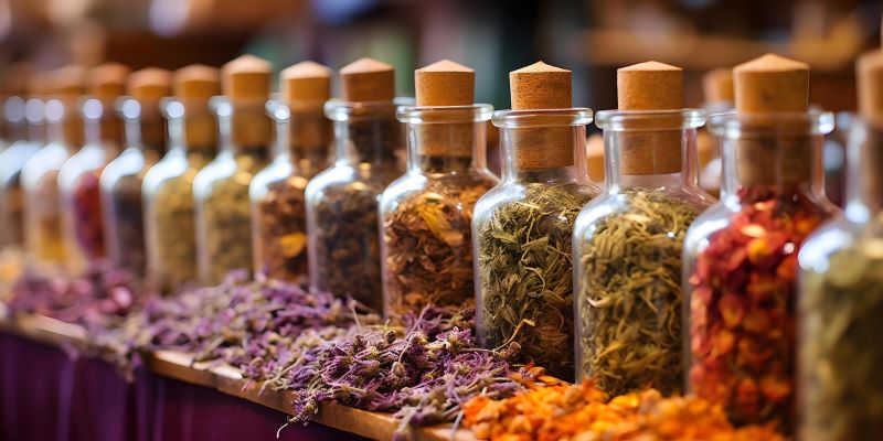 focus market display dried flowers herbs infusions decoctions concept dried flowers market display herbs infusions decoctions 918839 251265